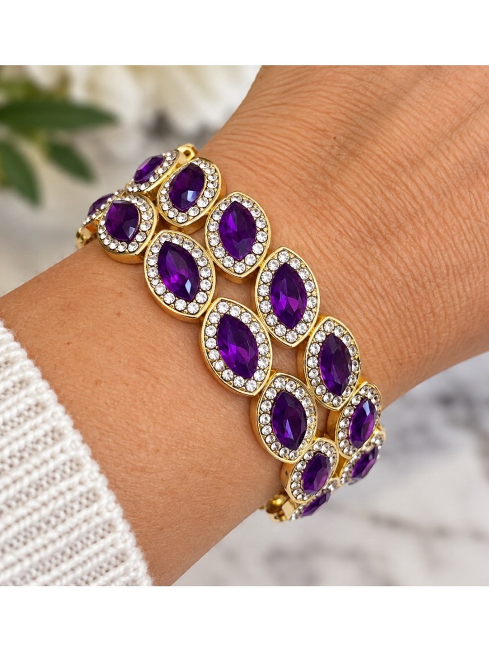 Gold & Purple Rhinestone Statement Bracelet